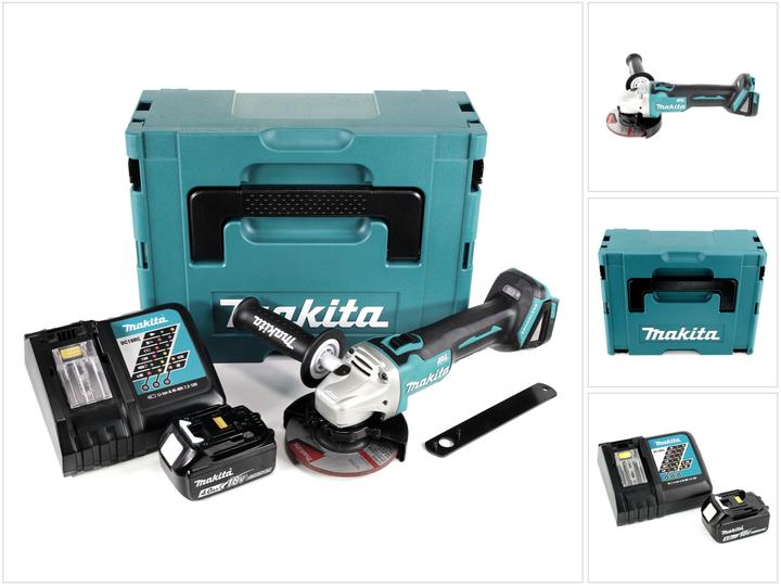 1 x Makita DGA 504 18 V Li-Ion cordless angle grinder, 1 x Makita BL 1840 B 4.0 Ah battery, 1 x Makita DC 18 RC charger, 1 x Makita 125 mm grinding disc A-80656, 1 x assembly tool, 1 x additional handle, 1 x Makpac, 1 x matching insert