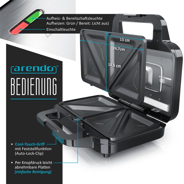 Produktbild Arendo Sandwichmaker 900W Temperaturkontrolle, Cool-Touch, Antihaftbeschichtung, BPA-frei, Kabelaufwicklung