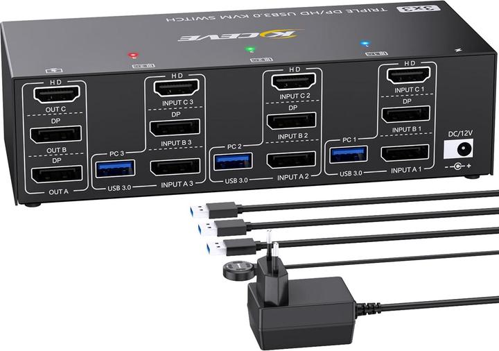 Kceve KVM Switch für 3 PCs und 3 Monitore, 8K@60Hz