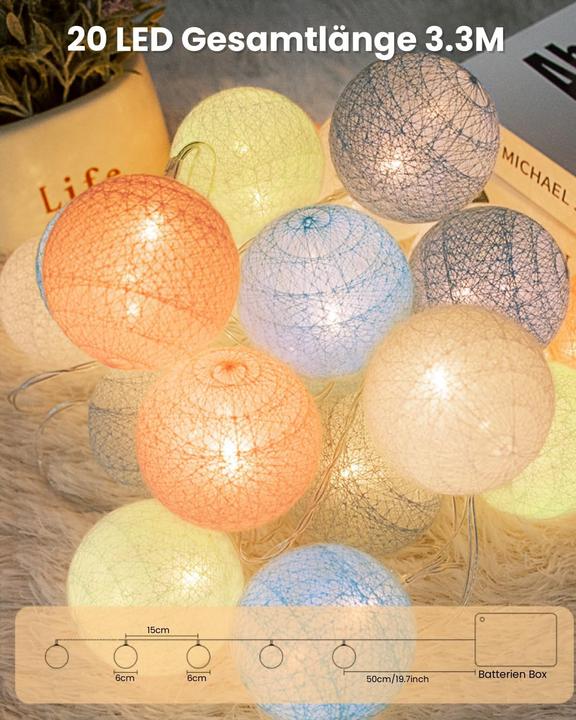 Actual product image Ciskotu Lichterkette Lampions 20 LED mit Cotton Balls (3.30 m)