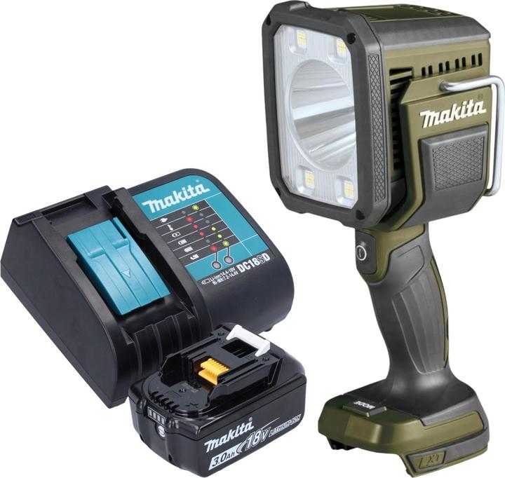 1x Makita DML 812 rechargeable LED hand lamp, 1x Makita BL 1830 B 18 V 3.0 Ah rechargeable battery, 1x Makita DC 18 SD rechargeable battery charger