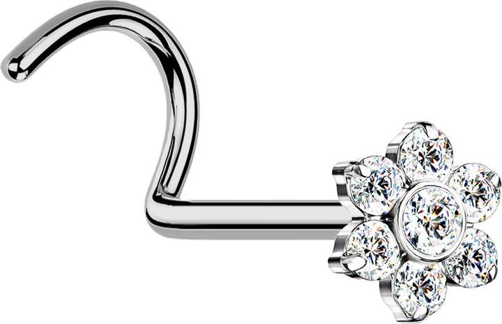 Actual product image Acha Direct Threadless Nasenstecker gebogen silber Blume Kristalle silber (without brass, Titanium)