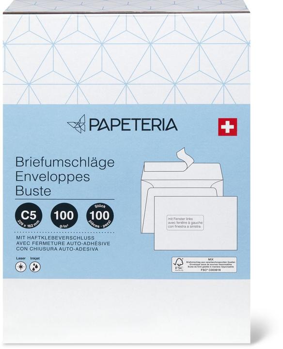 Image du produit Papeteria C5 Enveloppes avec fenêtre à gauche (C5, 100 x)