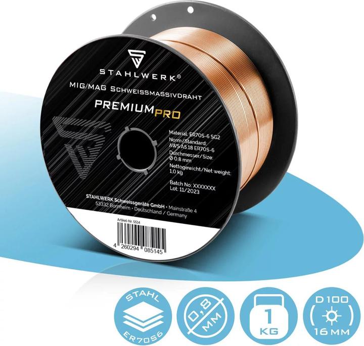 Image du produit Stahlwerk Fil de soudure MIG MAG Ø 0.8 mm ER70S-6 SG2 S100/D100 bobine de fil 1 kg