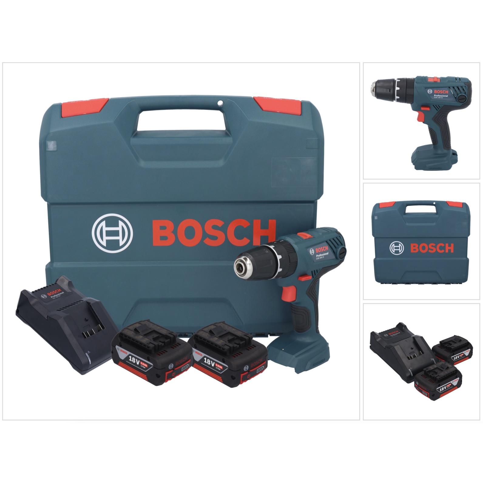 Bosch Professional, Trapano + Avvitatore a batteria, GSB 18V-21 Trapano a percussione a batteria 18 V 55 Nm + 2x Batteria 5.0 Ah + Caricabatterie