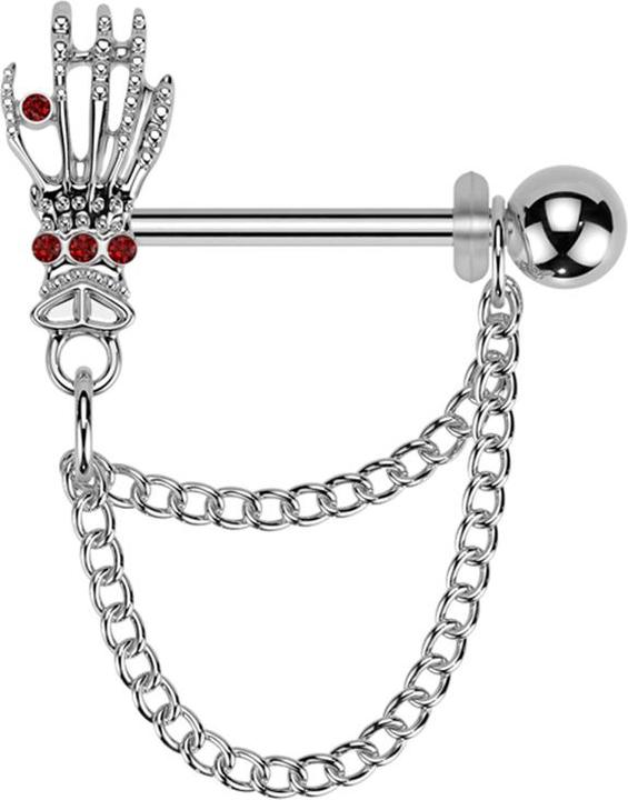 Actual product image Star Piercing Barbell silber mit Kugel und Skeletthand Kristalle rot Anhänger zwei Ketten links (Brass, Surgical steel 316L)