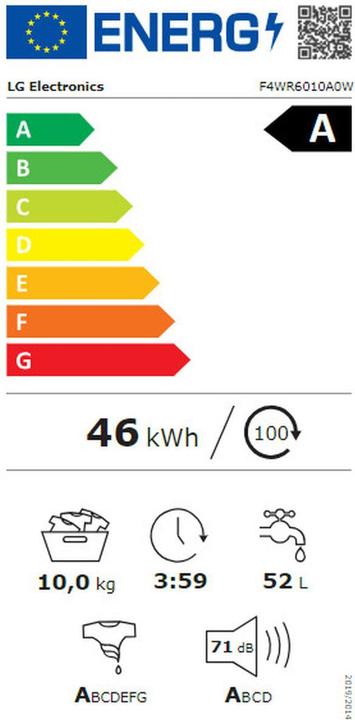 Energie-Label LG Waschmaschine F4WR6010A0W 60 cm 1400 rpm 10 kg (10 kg)