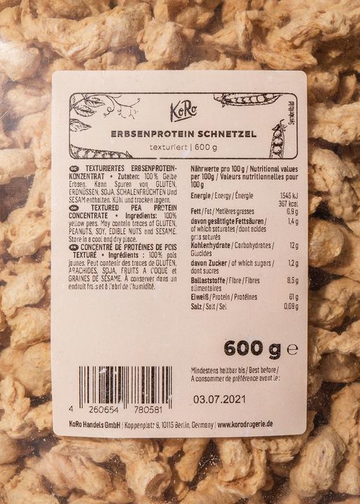 Nährwerte und Zutaten KoRo Texturiertes Erbsenproteinkonzentrat (600 g)