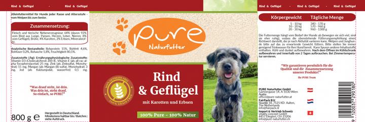 Produktbild Pure Naturfutter Hundemenü Rind & Geflügel mit Gemüse (Senior, Adult, Junior, 1 Stk., 800 g)