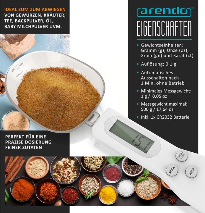 Actual product image Arendo Löffelwaage digital Küchenwaage Feinwaage, LCD-Anzeige, 0,1g Auflösung, max. 500g, Tarafunktion