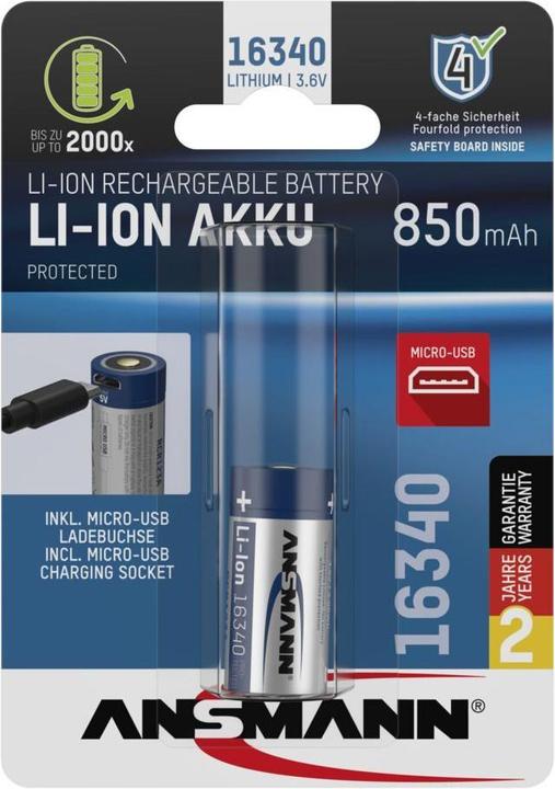 Produktbild Ansmann 16340 Li-Ion Akku (1 Stk., 16340, 850 mAh)