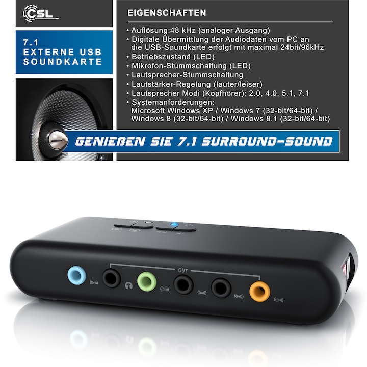 Actual product image CSL USB sound card 7.1 Surround, external, for up to 8 speakers, Dynamic 3D Surround, driver (USB 2.0)