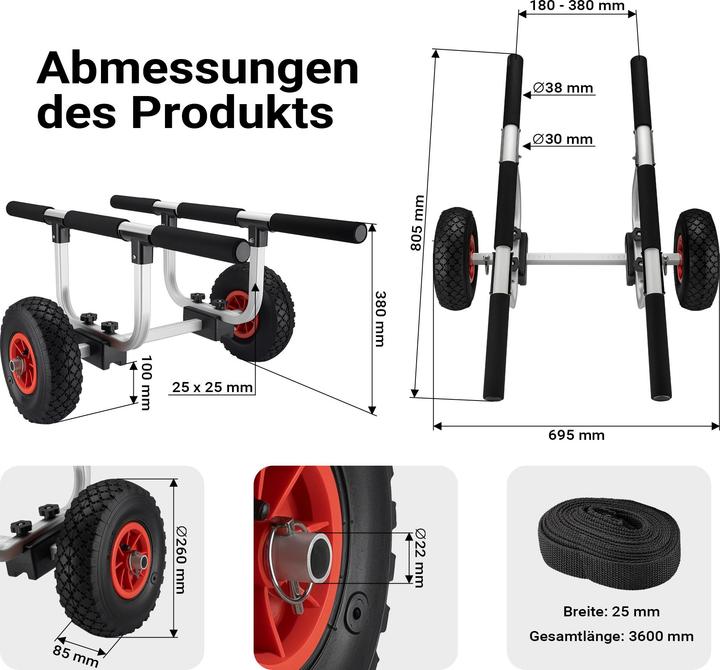 Actual product image Wiltec Aluminium Transport Trolley for Kayaks, Canoes max. 90kg with ⌀ 26cm Tyres & adjustable Width