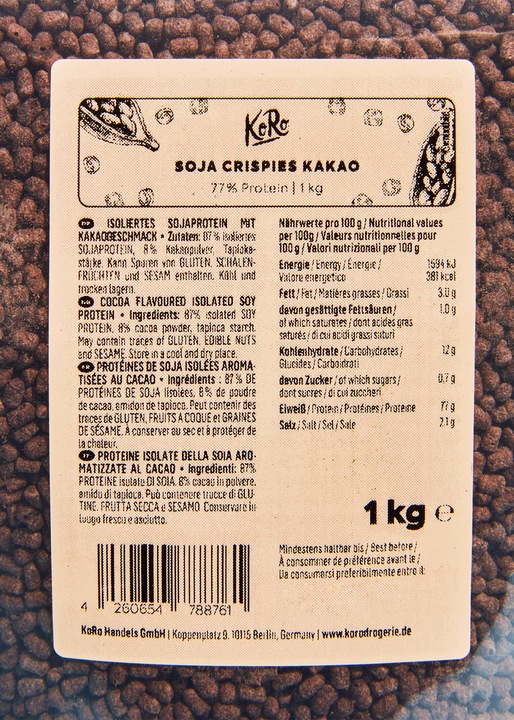 Valori nutrizionali e ingredienti KoRo Proteine isolate di soia al gusto di cacao (1000 g)
