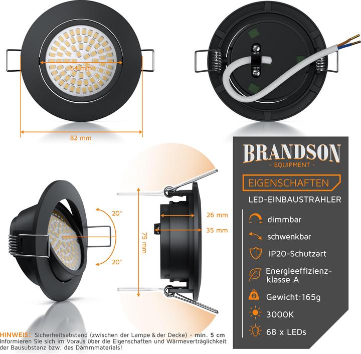 Produktbild Brandson 2x LED Deckenspot, dimmbar & schwenkbar, Einbaustrahler, Einbauleuchte, Einbauspot, schwarz, 2er Set (320 lm)