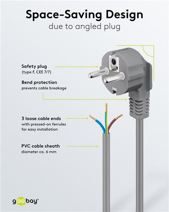 Actual product image Goobay protective contact cable angled for assembly, 1.5 m, gray (1.50 m)