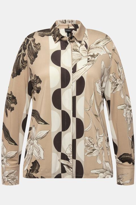 Actual product image Ulla Popken Mixed Print Stretch Blend Button Down Blouse