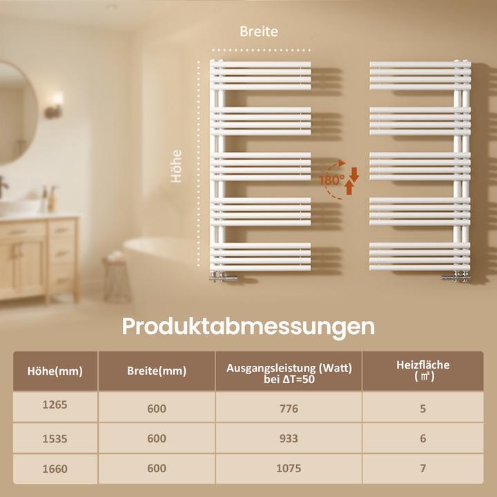 Actual product image Emke Towel radiator 1265×600mm with side connection, bathroom radiator, towel rail, towel warmer in (776 W)