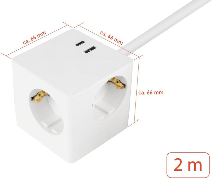 Immagine prodotto Kabelmeister Cubo di presa a 3 vie USB-C USB-A, bianco, 2m (3 x, USB-C, USB-A, 2 m)