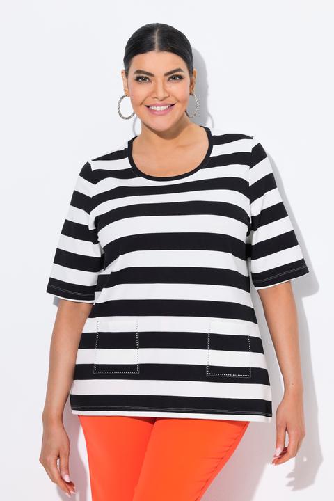 Image du produit Ulla Popken T-shirt rayé avec poches, décolleté rond et manches courtes, coupe Classic Fit (62)