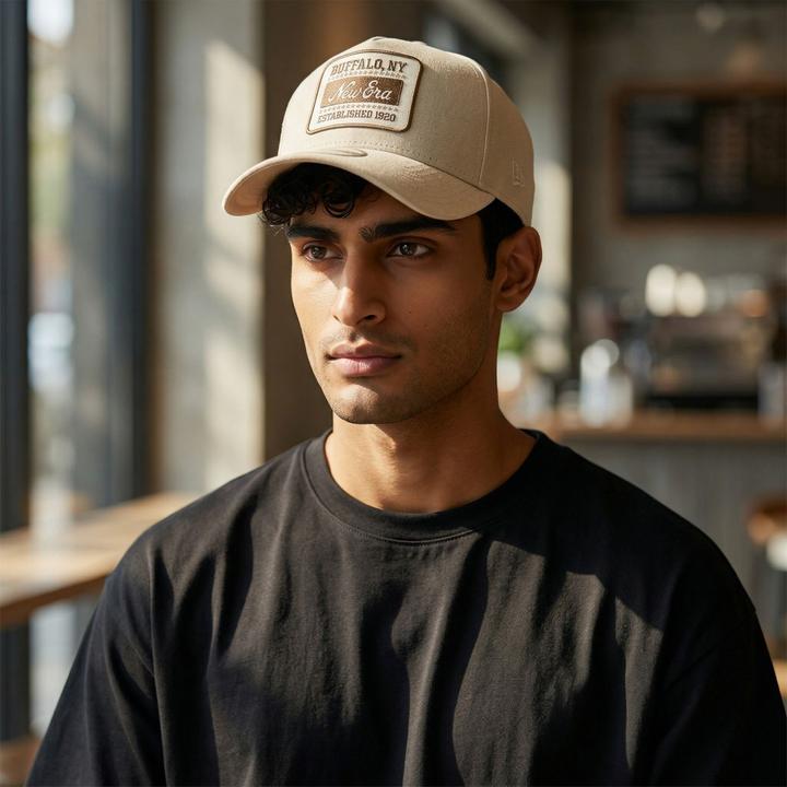 Produktbild New Era A-Frame Trucker Leinen Cap - Brand Patch Beige (One Size)