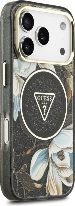 Immagine prodotto Guess Case Magsafe IML Case Glitter Flowers And Triangle With Metal Camera Frame And Buttons For iPh (Apple iPhone 17 Pro Max)
