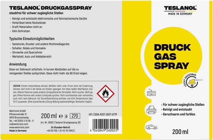 Nährwerte und Zutaten Teslanol Druckgasspray brennbar