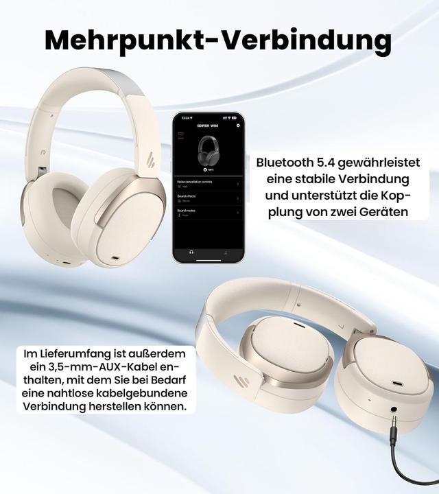 Produktbild Edifier Faltbare Over-Ear-Kopfhörer W80 mit ANC und LDAC (ANC, 65 h, Kabelgebunden, Kabellos)