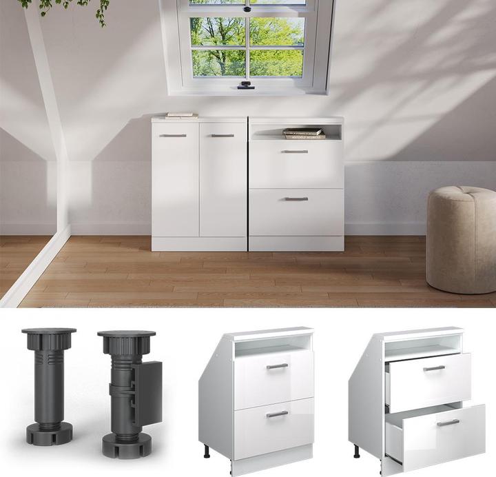 Produktbild Vichy Dachschrägenschrank Rion, Weiss/Weiss Hochglanz, mit 2 Schubladen (60 x 46 x 81.60 cm)