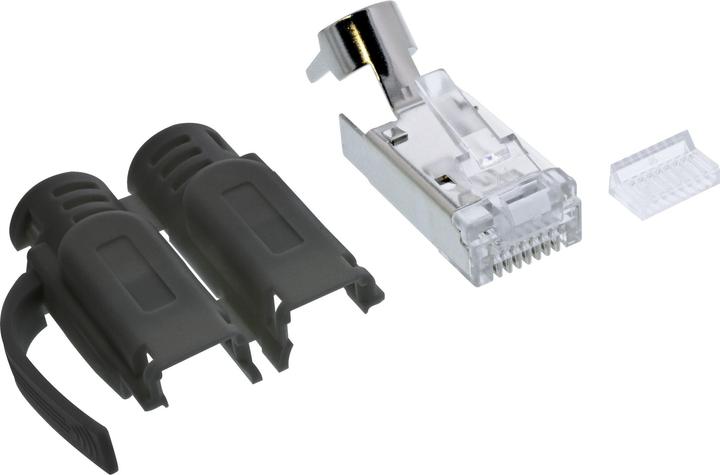 Produktbild InLine 10er Pack ® Crimpstecker Cat.6A RJ45 geschirmt, mit Knickschutz und Einfädelhilfe, schwarz (Netzwerkkabel Stecker)