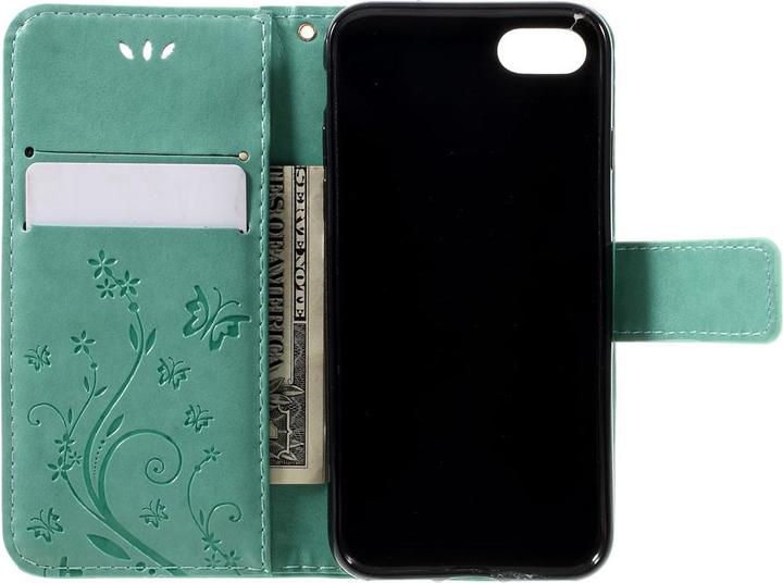 Produktbild Apfelkiste iPhone SE/8/7 Leder Tasche m. Kartenfach/Handschlaufe Butterfly, Türkis (Apple iPhone SE (3rd Gen))