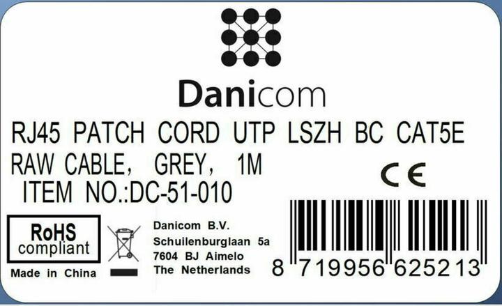 Actual product image Dsit CAT5e network cable, U/UTP, 1 metre, grey, 100% copper (U/UTP, CAT5e, 1 m)