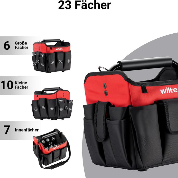 Produktbild Wiltec Werkzeugtasche 25,5x23x28cm Arbeitstasche 23 Fächer Werkzeug Tasche Gurt