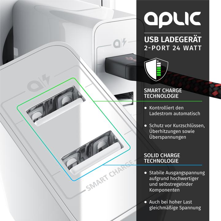 Image du produit Aplic Chargeur USB 4800 mA, banque d'énergie à 2 ports avec Smart Charge + Solid Charge, puissant 24W (24 W, 2 ports)
