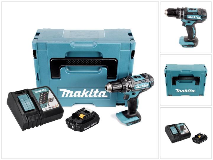 1x Makita DHP 482 Z cordless impact drill, 1x matching insert, 1x Makita BL 1820 B 18 V 2.0 Ah battery, 1x Makita DC 18 RC fast charger