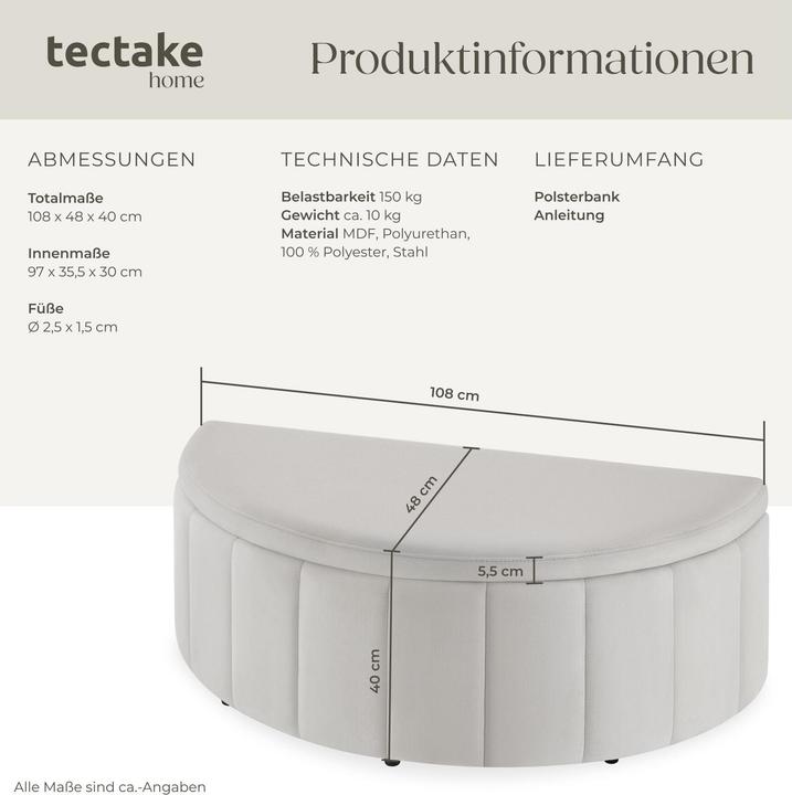 Actual product image tectake Moon upholstered bench with ample storage space, weight capacity 150 kg (108 cm)