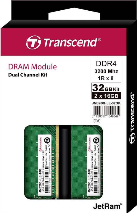Actual product image Transcend DDR4 U-DIMM, 1Rx8, Dual Kit (2 x 16GB, 3200 MHz, DDR4-RAM, DIMM)