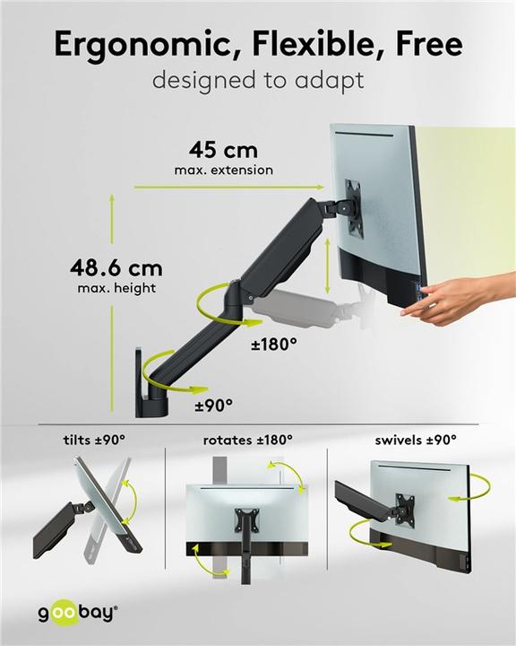 Produktbild Goobay Single-Monitor-Wandhalterung mit mechanischer Feder, schwarz (Wand, 32", 9 kg)