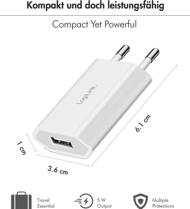 Productafbeelding LogiLink USB-A Steckdosenadapter, 5 W, 5 V/1 A, 1x USB-A, Weiss (5 W, 1 portie)