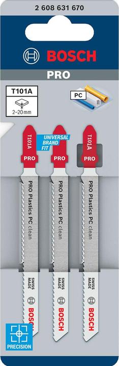 Actual product image Bosch Professional Zubehör PRO Plastics PC clean T101A jigsaw blade, 100 mm, 3 pcs.