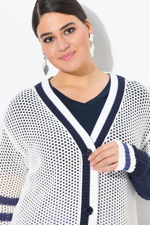 Produktbild Ulla Popken Long-Strickjacke, Streifen, V-Ausschnitt, Langarm (58)