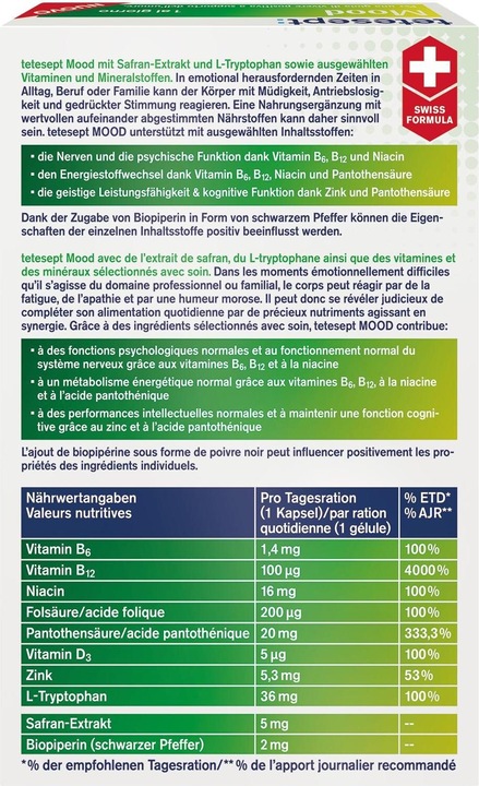 Nutritional values and ingredients Tetesept Mood (32 Piece, Capsules)