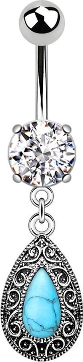 Produktbild Star Piercing Banane silber mit Anhänger Vintage Design und ovalem türkis Stein silber (Messing, Chirurgenstahl 316L)