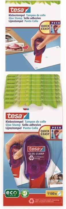 Produktbild tesa Klebestempel ecoLogo, doppelseitige Klebepads zum schnellen Verkleben von Papier, Pappe & Fotos