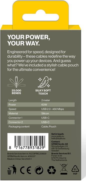 Image du produit Aqiila Cablebird CS12 - Câble USB-C vers USB-C en silicone, 60W (2m) - Blanc (2 m, USB 2.0, 60 W)