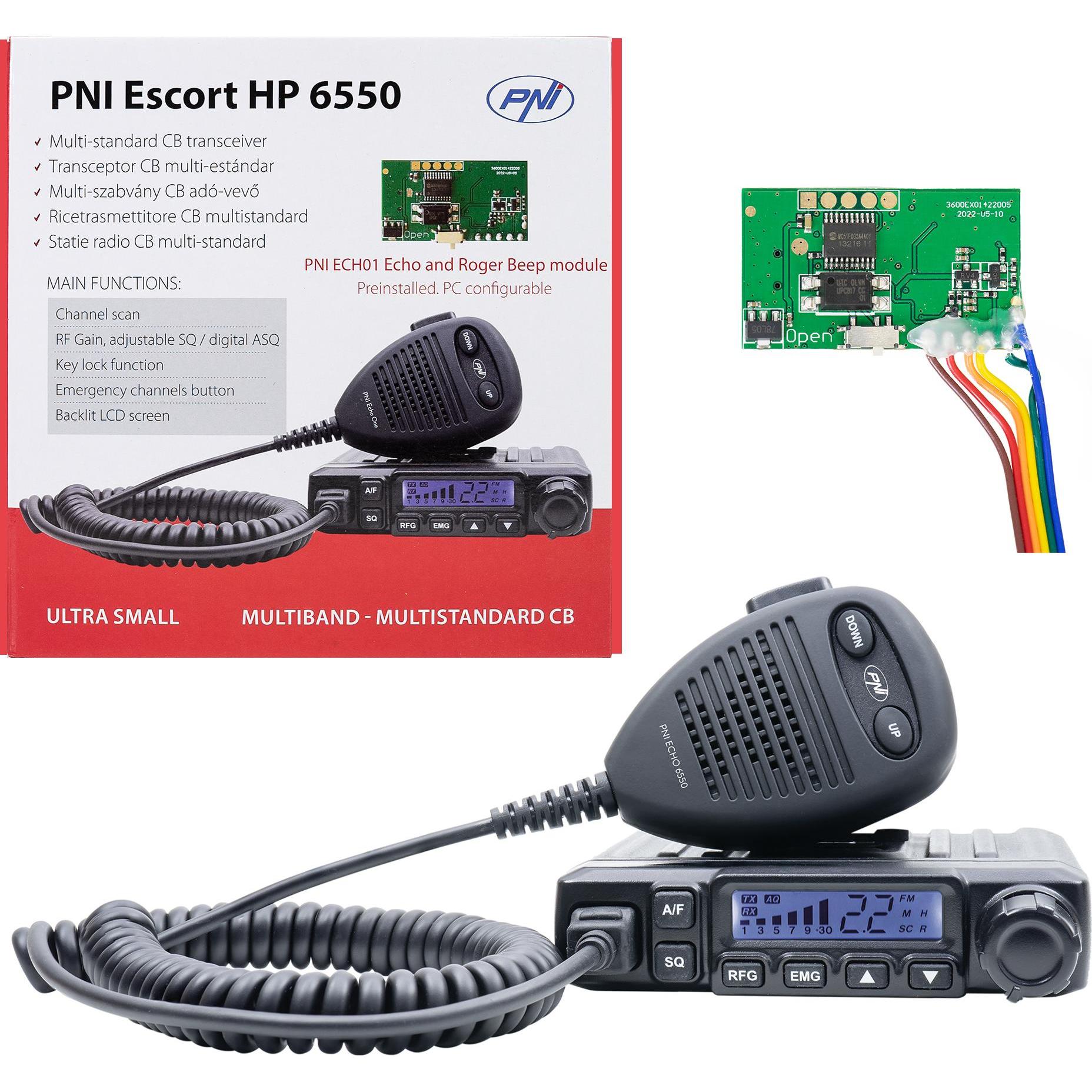PNI Escort HP 6550 CB-Funkgerät mit installiertem ECH01, Multistandard, 4 W, AM-FM, 12 V, ASQ, m, Walkie-Talkie
