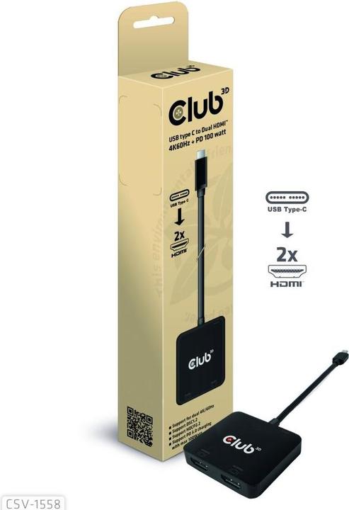 Actual product image Club 3D Club3D MST hub USB 3.2 Type C > 2x HDMI 4K60Hz +100W PD St/Bu retail (USB-C, 3 ports)