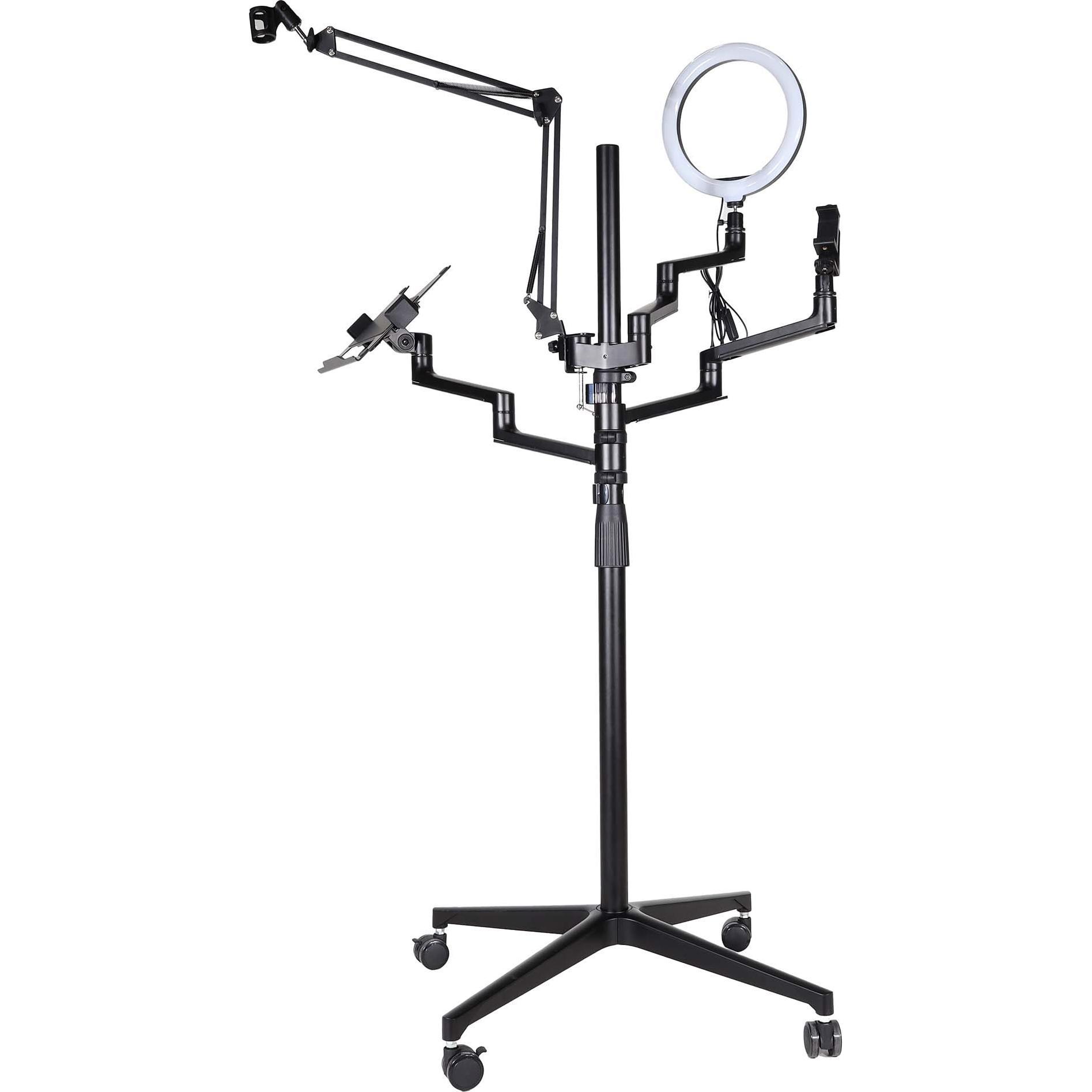 Wiltec 4in1 Stativ rollbar Handyhalterung Ringlicht Streaming Setup Fotostativ (Kunststoff, Metall), Stativ, Schwarz