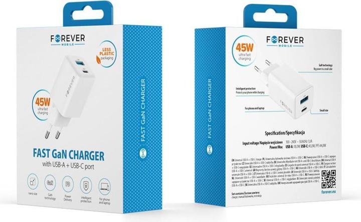 Actual product image Forever TC-08-45AC GaN PD QC charger 1x USB-C 1x USB 45W white (45 W, 2 ports)