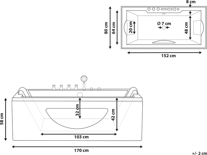 Actual product image Beliani Whirlpool bath black rectangular with LED 170 x 80 cm HAWES (197 l, 170 cm, 80 cm)